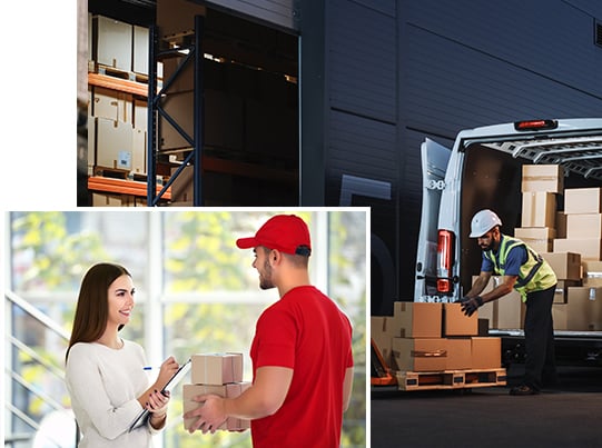 Delivery van unloaded and delivery man making a delivery to a woman