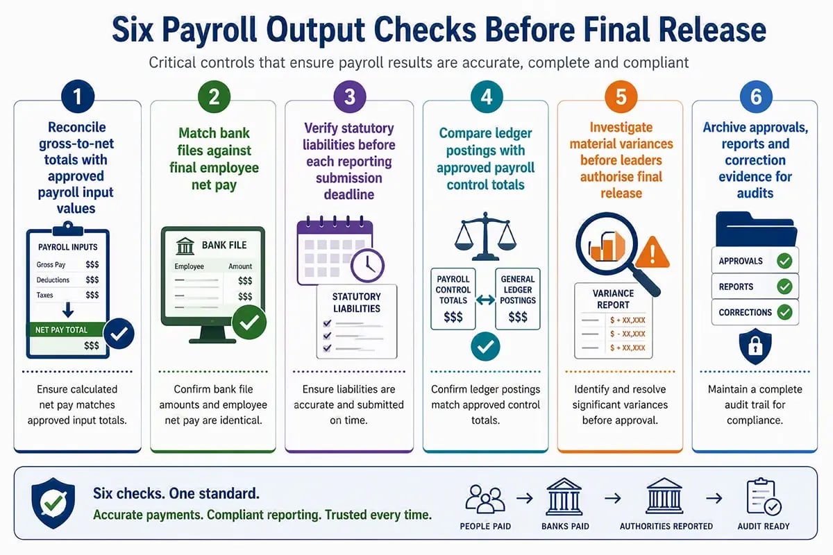 Payroll output controls before payments and reporting