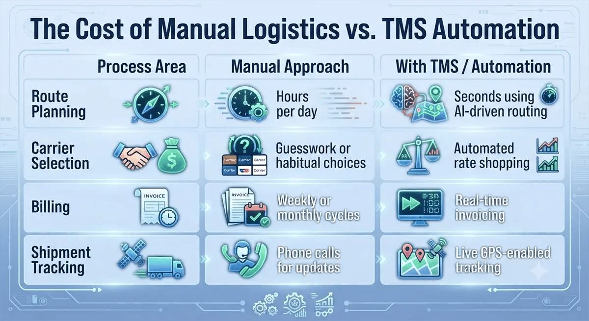Infographic comparing manual logistics processes with TMS automation for route planning, carrier selection, billing, and shipment tracking