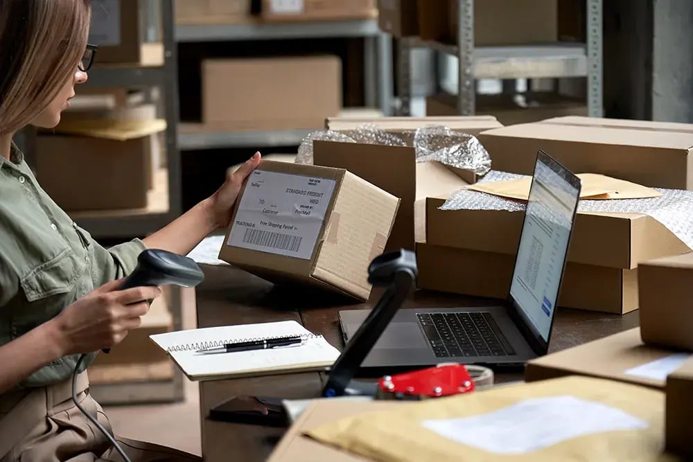 Warehouse workers scanning items with handheld devices, integrated with a warehouse management system for seamless operations. 